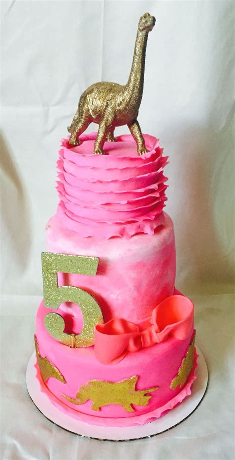 pink and gold girly girl dinosaur cake fifth birthday cake dinosaur