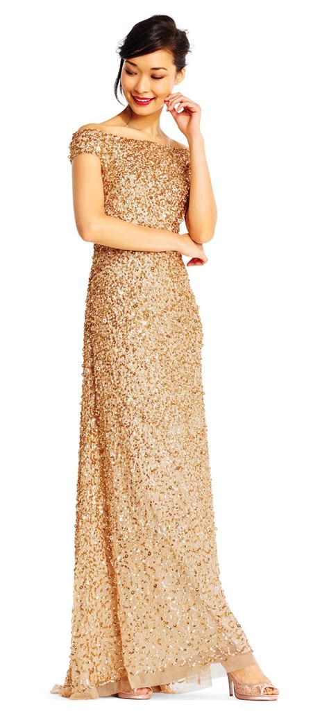 adrianna papell off the shoulder sequin beaded gown
