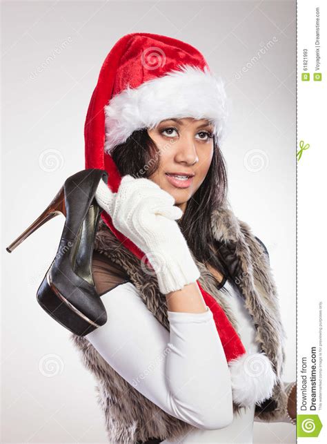fashion woman in santa hat with high heels shoes stock image image of model heels 61821993