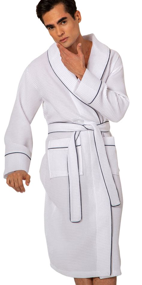 seyante mens luxury waffle shawl collar robe  piping lightweight long ultra soft spa