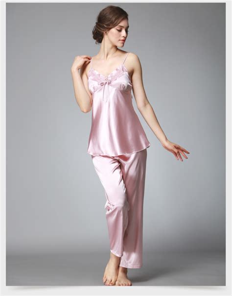 Ps036 Ladies Satin Silk Pyjamas Female Sexy Lace V Neck Pajama Set Plus