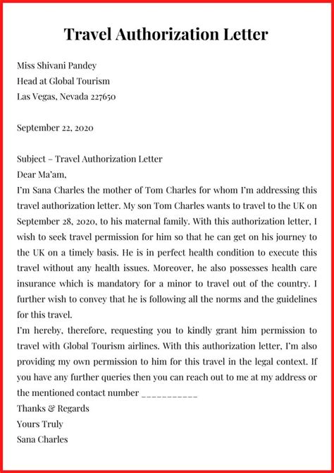 travel authorization letter sample  examples template