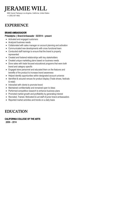 Brand Ambassador Resume Sample Velvet Jobs