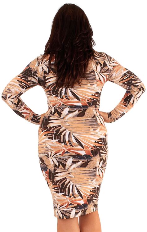 New Womens Plus Size Printed Long Sleeve Bodycon Mini Fitted Pencil
