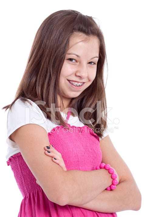 Cute Young Girl Smiling With Braces On Teeth White Background Stock