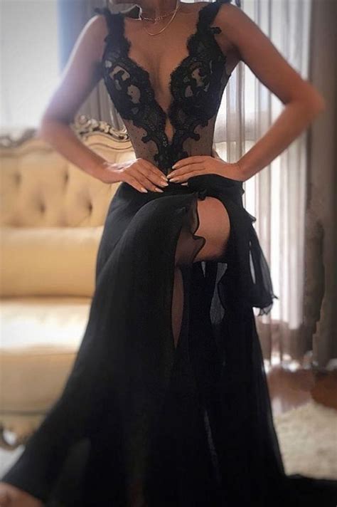 sexy black prom dress 2020 lace evening gowns with slit prom dresses