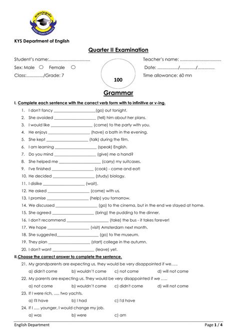 Grade7 Grammar Test Worksheet