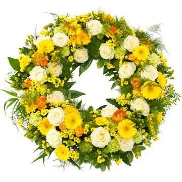 trauerkranz  gruen gelb mit schleife und spruch  bestellen funeral floral wreath