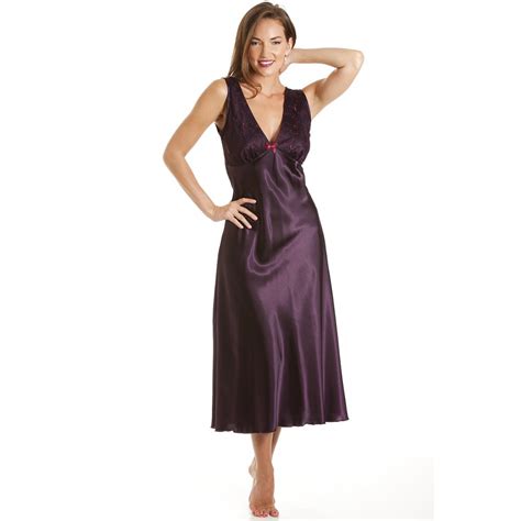 Womens Ladies Satin Long Dark Purple Chemise Nightdress 10