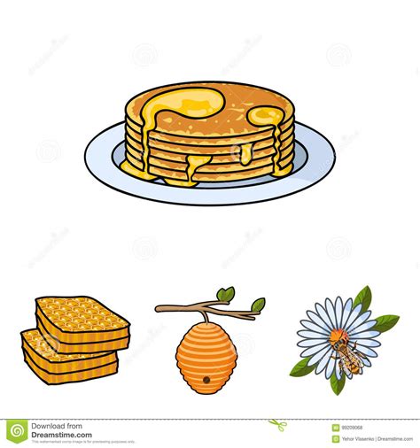 een bijenkorf op een tak een bij op een bloem een honingraat met honing een honingscake