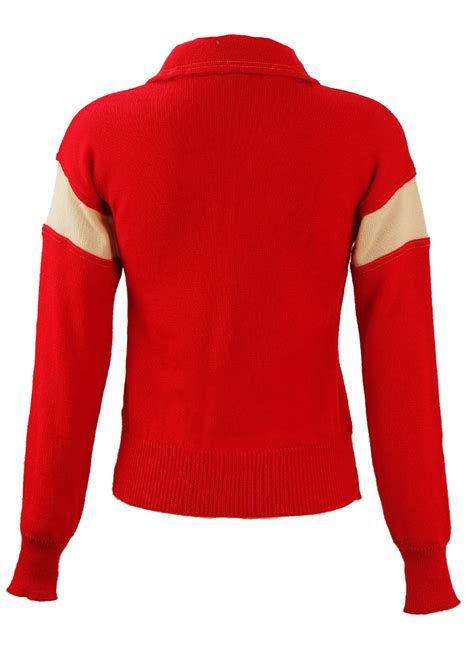 red jumper  cream stripe sleeve detail buttoned collar  reign vintage
