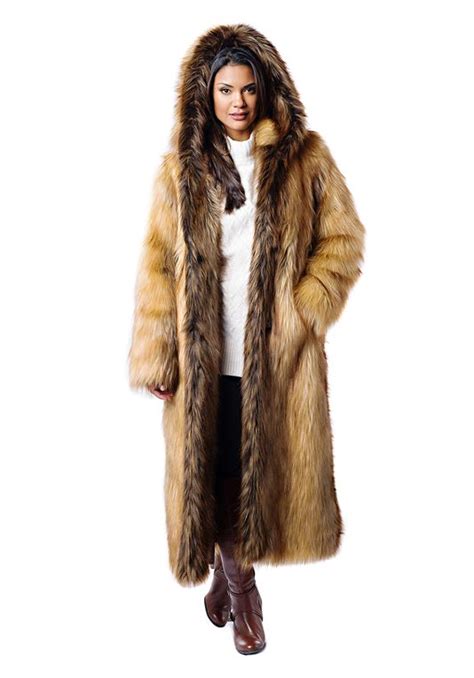 full length red fox faux fur hooded coat faux fur coats