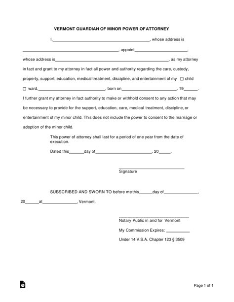 Free Vermont Guardian Of Minor Power Of Attorney Form Word Pdf