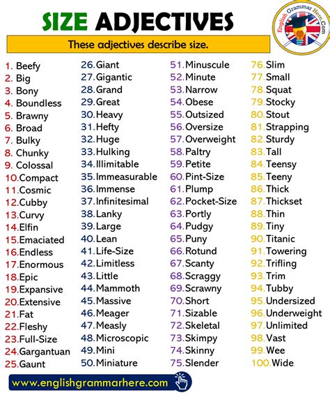 size adjectives list  english english grammar  english