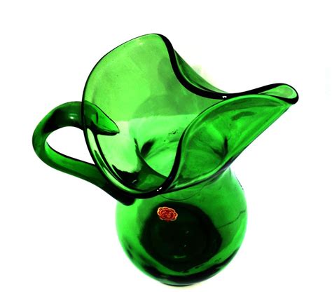 vintage forest green glass pitcher rare made in italy 8 inches tall
