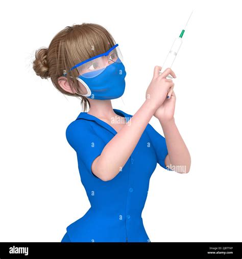 Nurse Girl Is Holding A Syringe To Apply The Vaccine Close Up View 3d