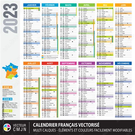 vettoriale stock calendrier francais  avec vacances scolaires saints du jour cycles