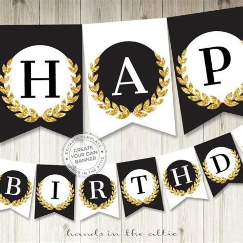 gold glitter party banner gold  black party decor printable black