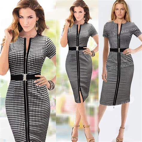 2016 womens belt check front zipper slit tunic wear to work dresses business casual party pencil