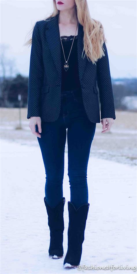 fashioned  living womens navy blazer outfit  skinny jeans