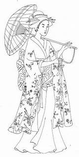 Coloriage Chinois Kimono Geisha Radieuse Japonais Adulte Asien Japoneses Gueixas Japonesa Parasol Adultos Modele Pochoirs Gueixa Asiatique Chine Etnias Dover sketch template