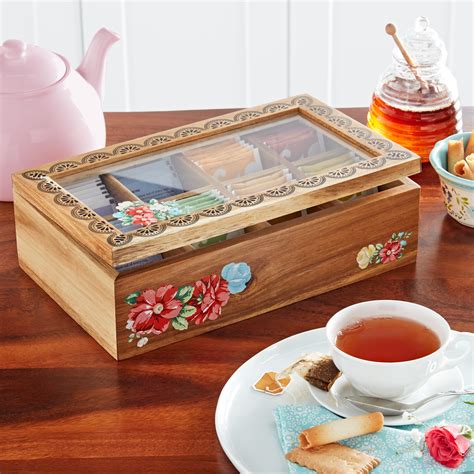 The Pioneer Woman Vintage Floral Acacia Wood Tea Box W Hinged Lid 8