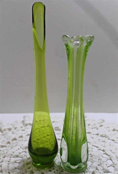 Two Vintage Green Glass Vases Stretch Glass Bud Vase Art