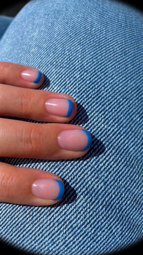 blue french nails gel nails nail art short acrylic nails