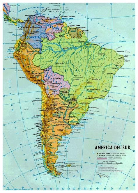 large political  hydrographic map  south america  major cities