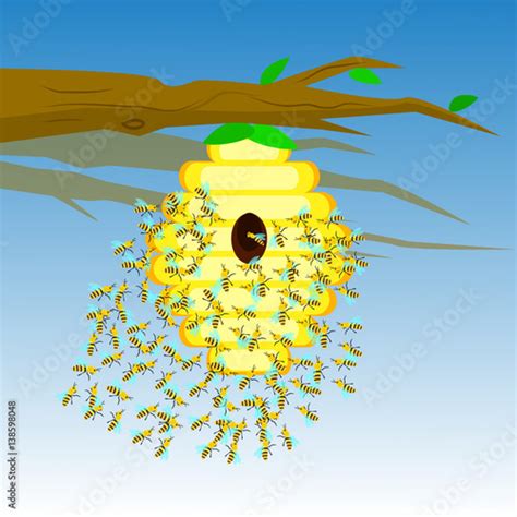 Yellow Bee Hive On A Tree Branch Bee Hive Isolate Vector Illustration