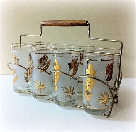Vintage Glassware Tumblers Gold Leaf Libbey In Caddy