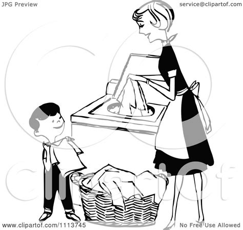 clipart retro black and white mother and son folding and washing laundry royalty free vector