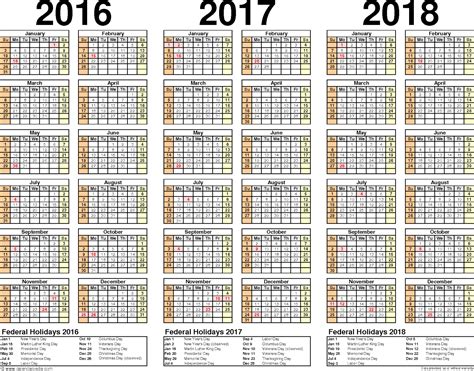 2016 2017 2018 calendar word and excel
