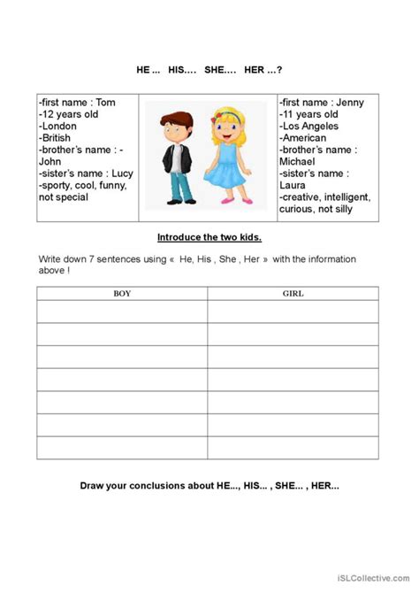 He His She Her English Esl Worksheets Pdf And Doc