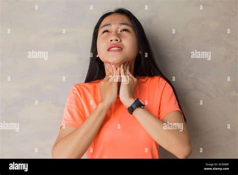 Asian Woman With Sore Throat Touching Her Neck Sore Throat Sick Girl