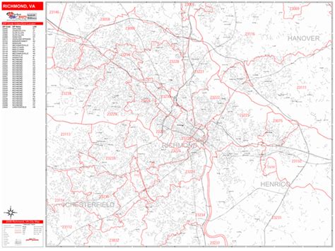 Richmond Virginia Zip Code Wall Map Red Line Style By Marketmaps