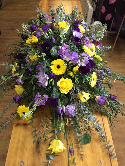 Purple And Yellow Coffin Spray Floral Funeral Tribute