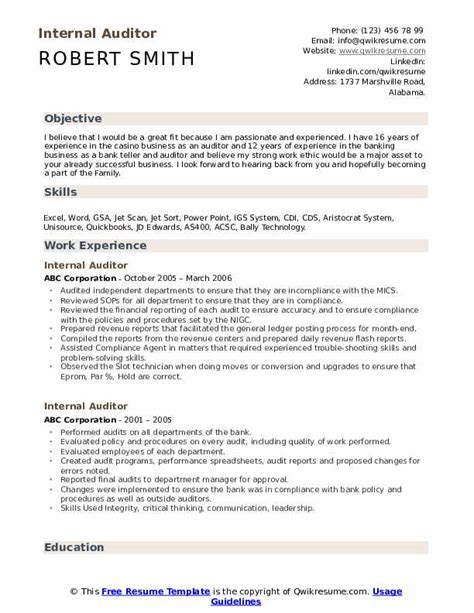 internal auditor resume samples qwikresume