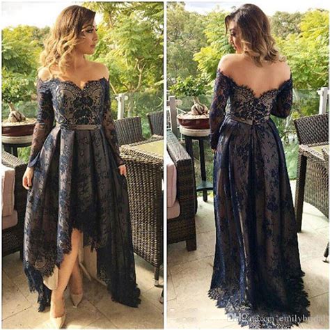 navy blue lace high low prom dresses long sleeves off