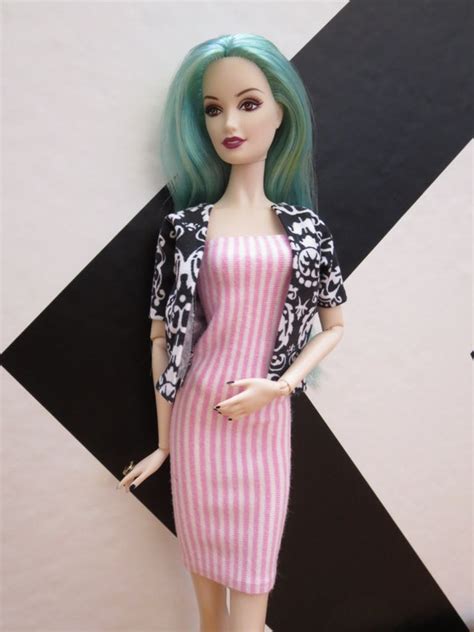 Ooak Barbie Doll Pink Stripe Tube Dress W Black And White