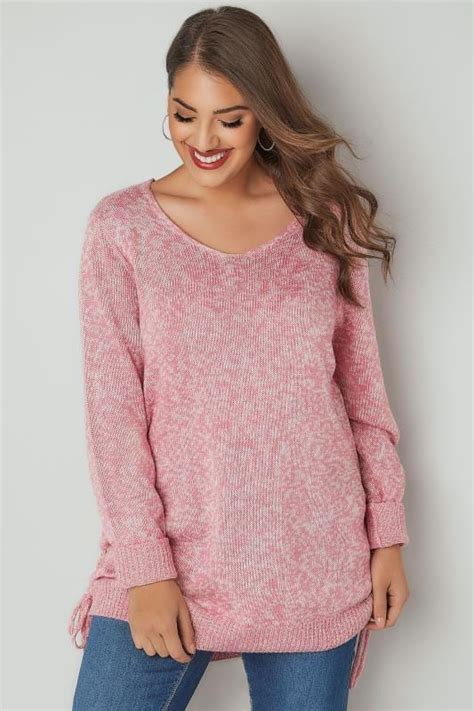 rose pink knitted v neck jumper with lace up sides plus size 16 to 36