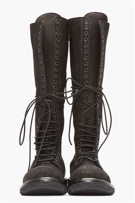 rick owens black nubuck  leather knee high laceup combat boots