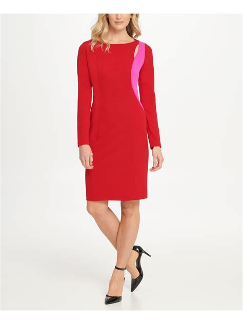 dkny womens red long sleeve above the knee sheath cocktail dress 16 ebay