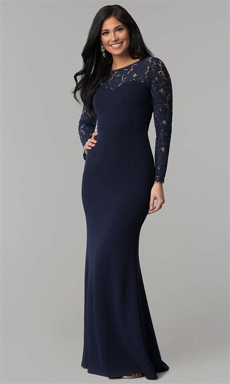 Open Back Navy Blue Prom Dress With Long Lace Sleeves