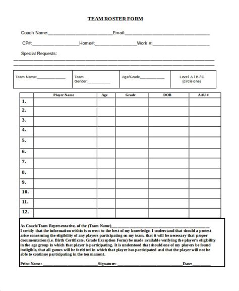 roster form templates  freesample  format
