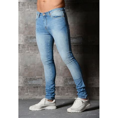 Shop Mens Tight Fitting Solid Color Denim Pants Jeans Slim Light Blue