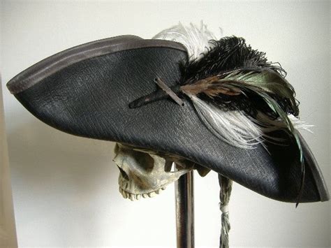 Black Leather Pirate Tricorn Hat With Feather Plume Larp Etsy