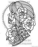 Coloring Skull Sugar Pages Tattoo Printable Girl Flowers Outline Book Print Woman Own Digital Rose Skulls Roses Flash Designs Carissa sketch template