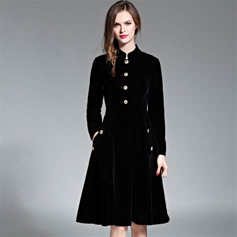 black vintage dress women elegant slim long sleeved velvet party dress