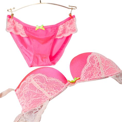 New Womens Lady Cute Sexy Underwear Satin Lace Embroidery Bra Sets Pink